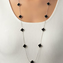 Colar Trevo Longo Prata Preto Aço Inox