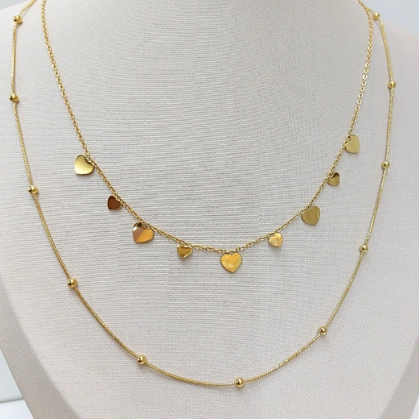 Mix colar duplo coração e bolinhas - aço inoxidável