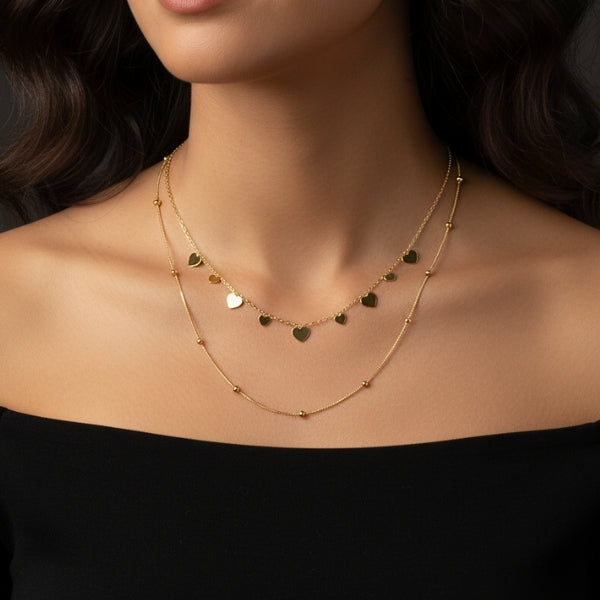 Mix colar duplo coração e bolinhas - aço inoxidável