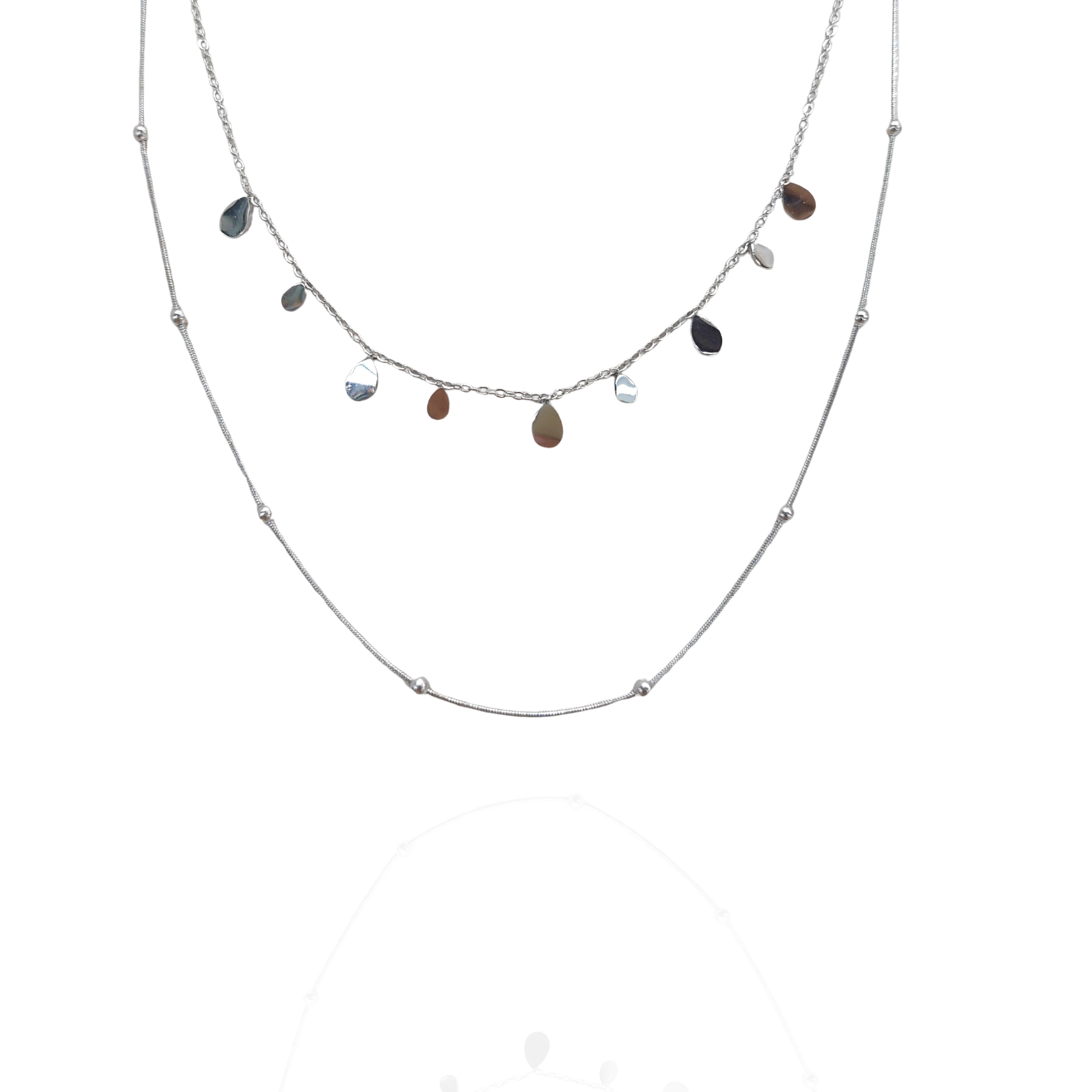 Mix colar duplo gotas e bolinhas prata - aço inoxidável