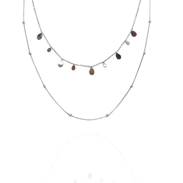 Mix colar duplo gotas e bolinhas prata - aço inoxidável