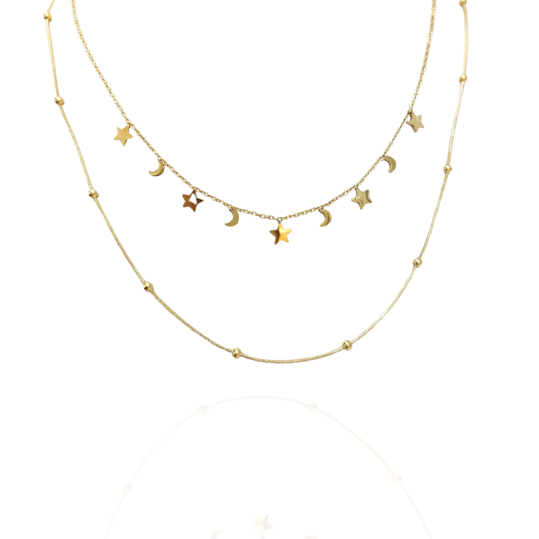 Mix colar duplo estrelas e bolinhas - aço inoxidável