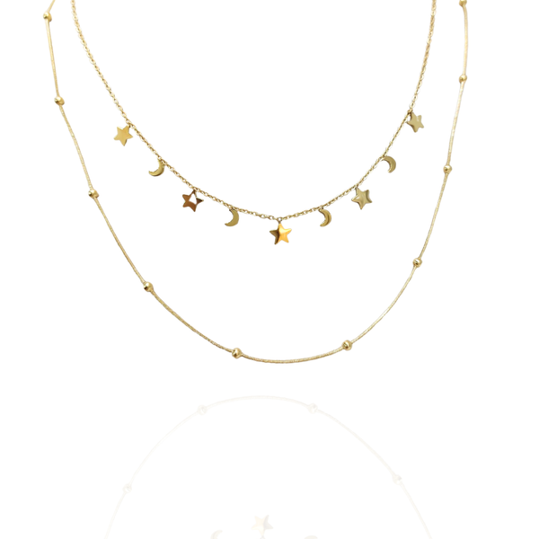 Mix colar duplo estrelas e bolinhas - aço inoxidável