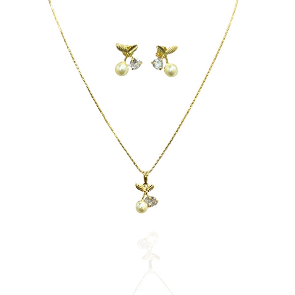 Conjunto Cristal Ponto de Luz Cereja com pérola Semijoia