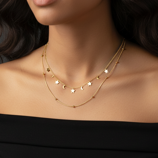 Mix colar duplo estrelas e bolinhas - aço inoxidável