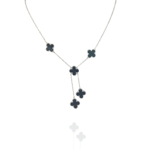 Colar Gravatinha Prata Trevo Preto Inox