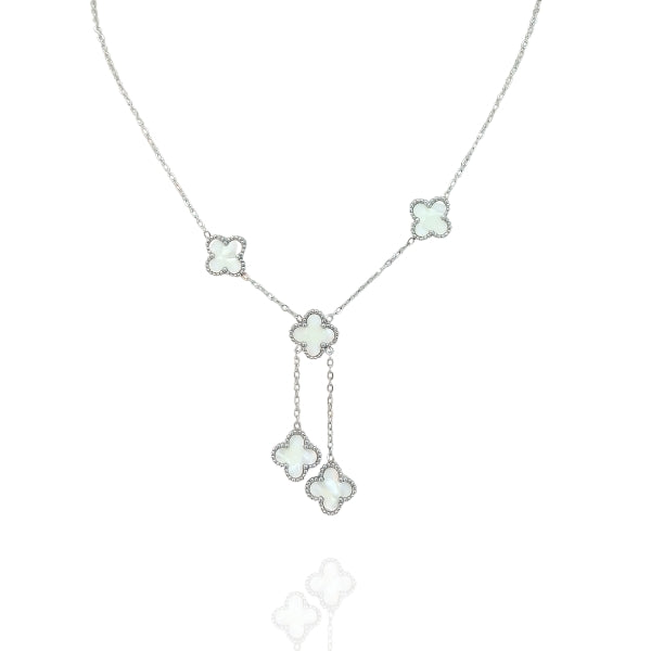 Colar Gravatinha Prata Trevo Madre Pérola Inox