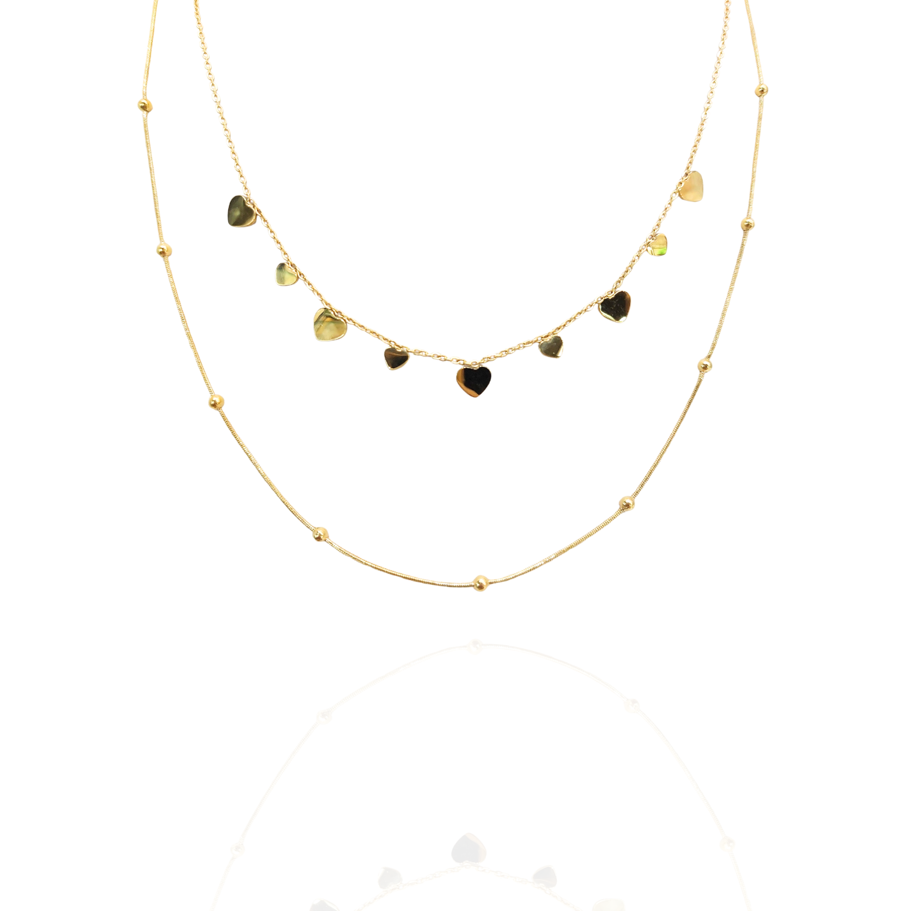 Mix colar duplo coração e bolinhas - aço inoxidável