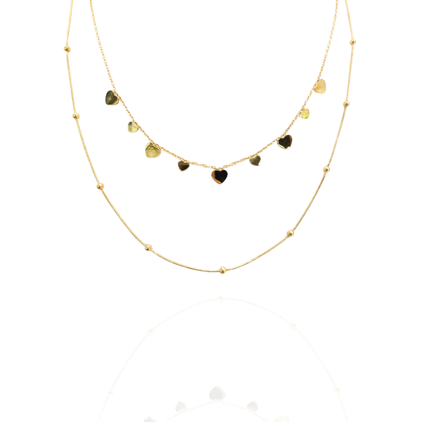 Mix colar duplo coração e bolinhas - aço inoxidável