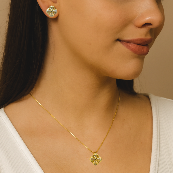 Conjunto Pingente trevo cristal dourado - Semijoia