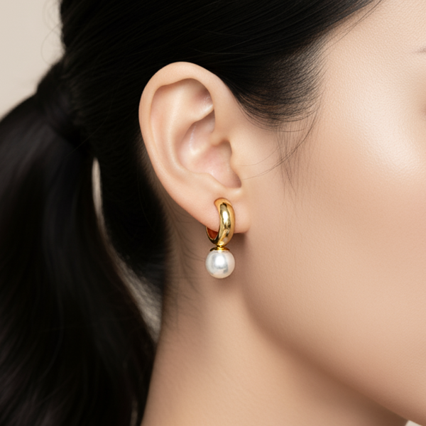 Brinco Argola Dourado com pérola - Aço inoxidável