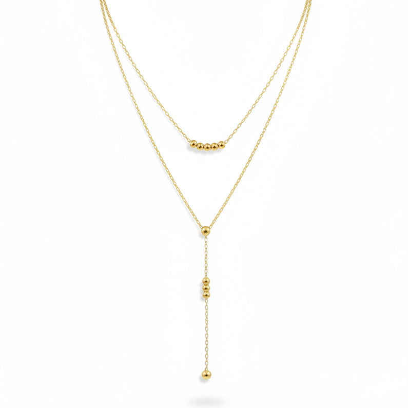 colar duplo gravatinha com bolinhas dourado aço inoxidavel
