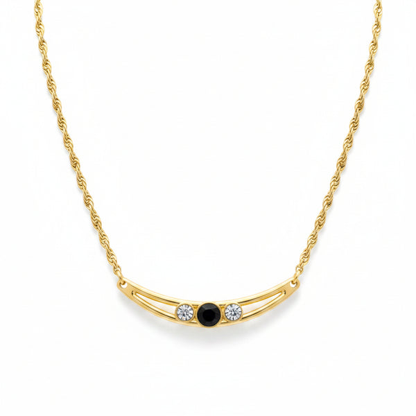 Colar com pingente arco com ponto de luz e cristal preto dourado semijoia