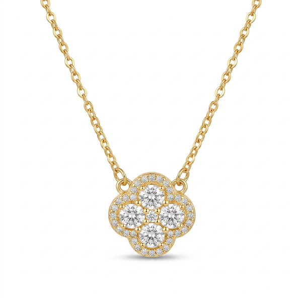 Colar dourado com pingente de flor e zircônias em aço inoxidável.