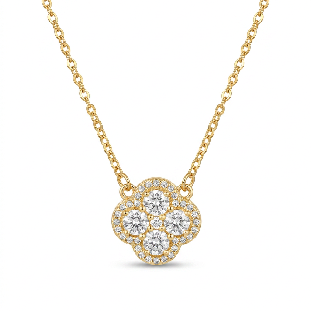 Colar dourado com pingente de flor e zircônias em aço inoxidável.