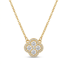 Colar dourado com pingente de flor e zircônias em aço inoxidável.