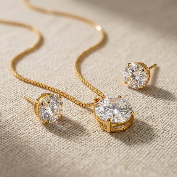 Conjunto de colar e brincos ponto de luz dourado, com pedra redonda de zircônia, apresentado em uma caixa de presente branca sobre um fundo de tecido neutro.