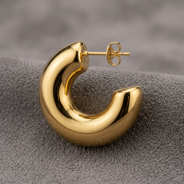Brinco Argola Tubo Dourado Aço Inoxidável em estojo vermelho