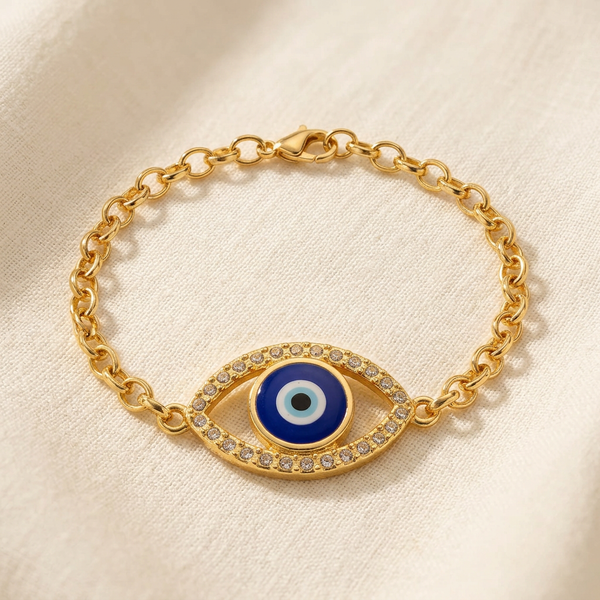 Pulseira dourada com olho grego cravejado em verniz italiano.