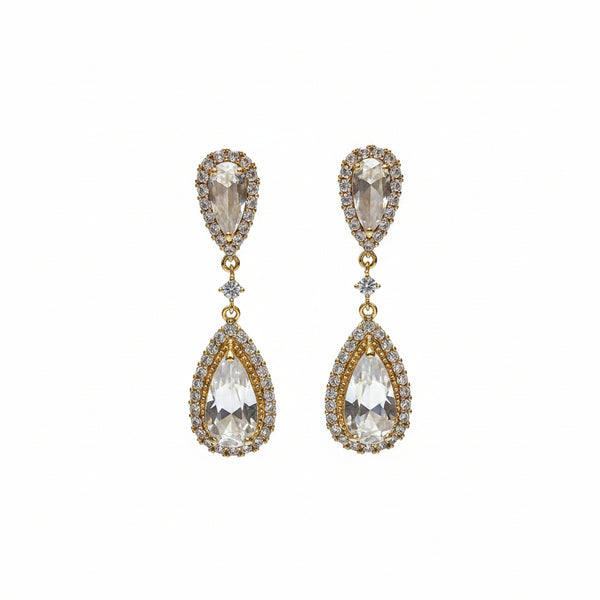 Brinco Dual Gota Cristal Dourado Folheado Ouro 18k