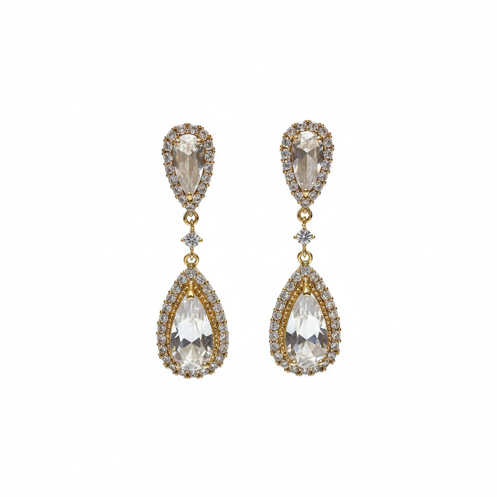Brinco Dual Gota Cristal Dourado Folheado Ouro 18k