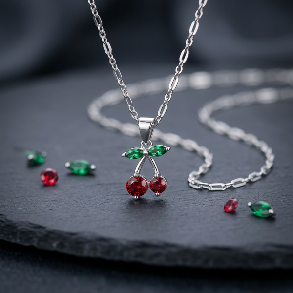 Colar com pingente de cereja em prata e detalhes vermelhos e verdes.