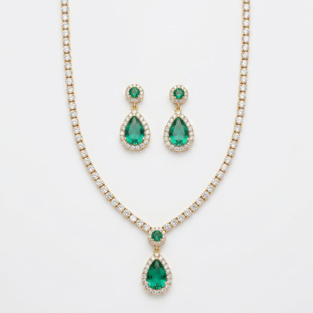 Conjunto de colar e brincos com pedra verde em formato de gota e cravejado.