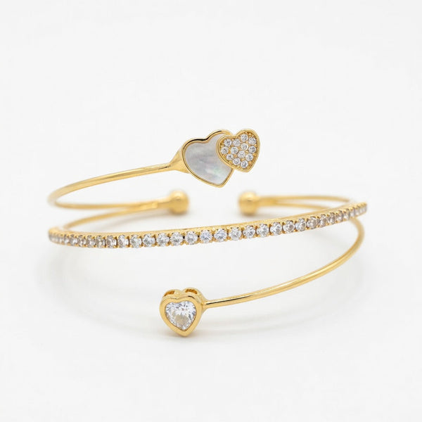 Bracelete com coração branco e cristal cravejado Dourado - Folheado