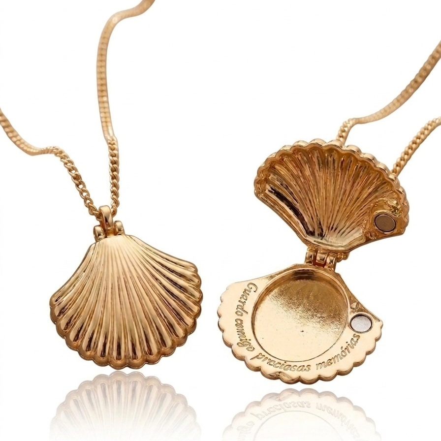 Colar relicário concha personalizado dourado - Semijoia